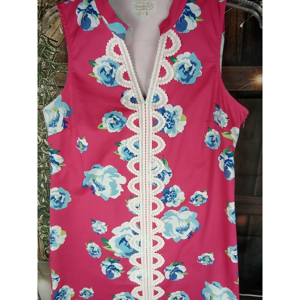 Mudpie Dress Size M Pink Floral White Lace Embroidered V Neck Side Zip - Picture 4 of 10